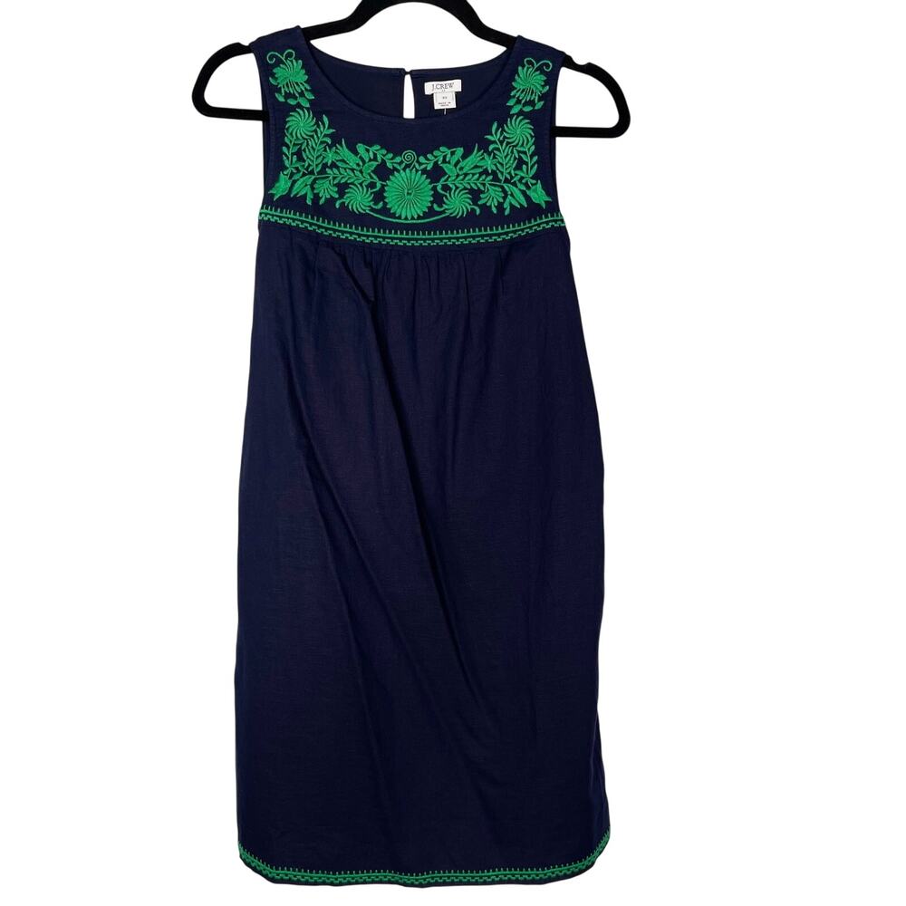 New J Crew XS Navy Blue Green Embroidered Linen Cotton Shift Dress Sleeveless
